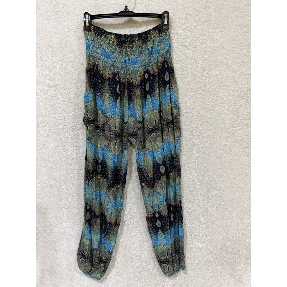 Boho Harem Pants Hippie Smocked Waist Paisley 100% Cotton Peacock Turquoise